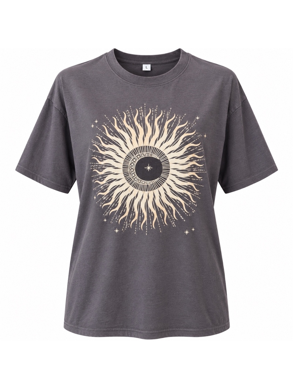 Celestial Sun Graphic Tee Size L Charcoal Gray Whimsigoth Boho Stretch